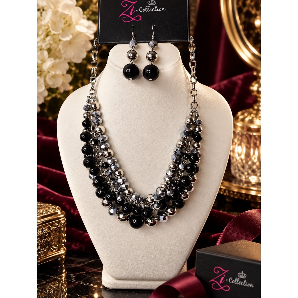 Paparazzi Zi Collection Necklace Earring Set Black Silver Multi Strand